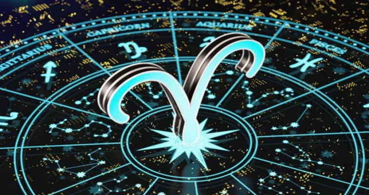 Aries zodiac symbol over a celestial chart.