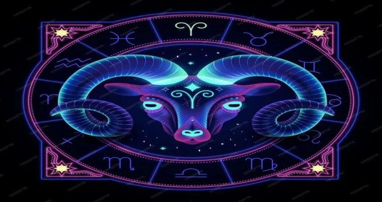 Neon illustration of the Aries zodiac sign, a ram, within a circular astrological chart