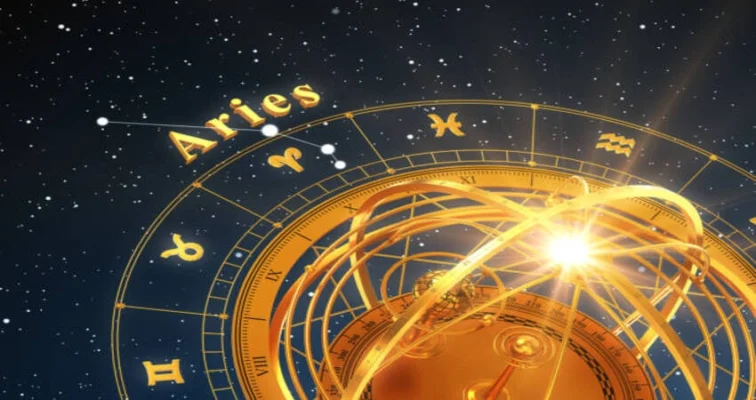Aries Sign graphic with zodiac wheel and constellation on a starry background.