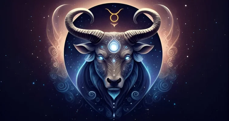 Artistic depiction of the Taurus zodiac sign, a bull's head with glowing elements, against a cosmic background.