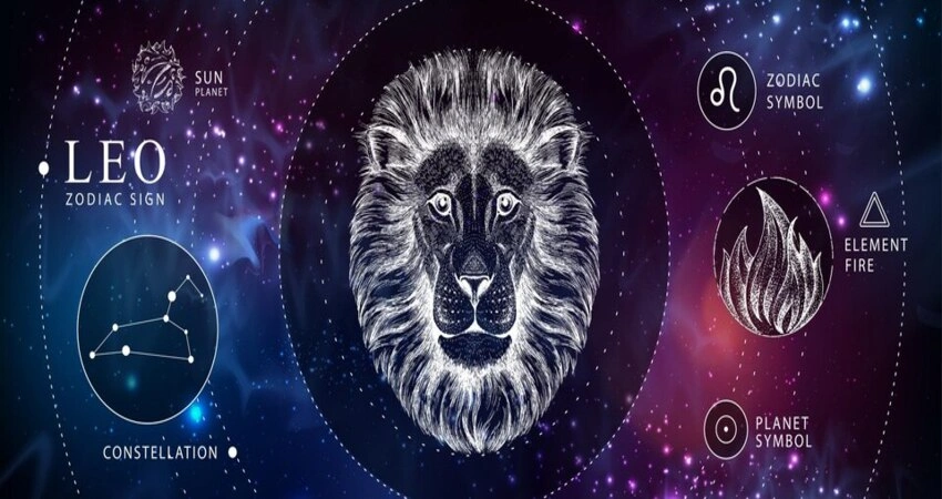 Illustration of a lion's head with astrological elements for Leo zodiac sign.