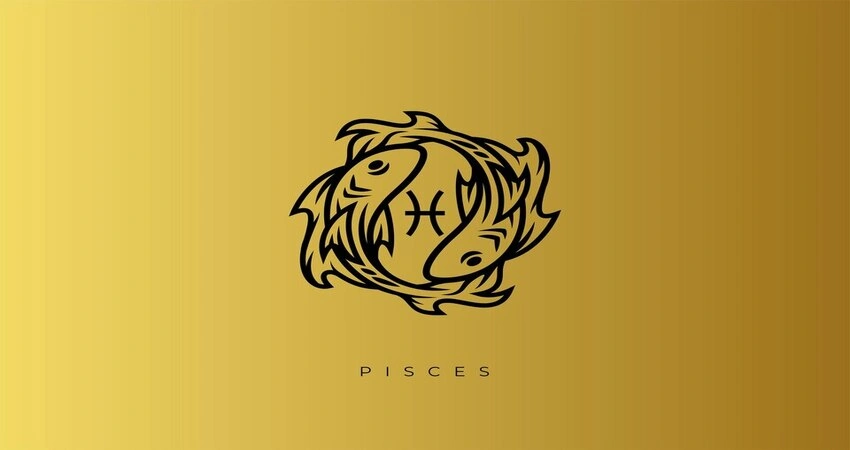 Black and white illustration of the Pisces zodiac sign, two fish in a circular pattern, on a gold background.