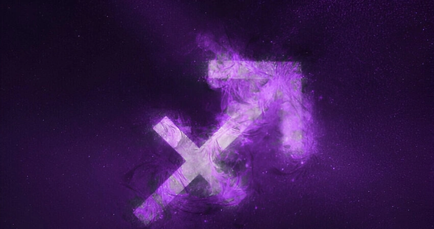 Luminous Sagittarius zodiac sign symbol (arrow) on a cosmic purple background.