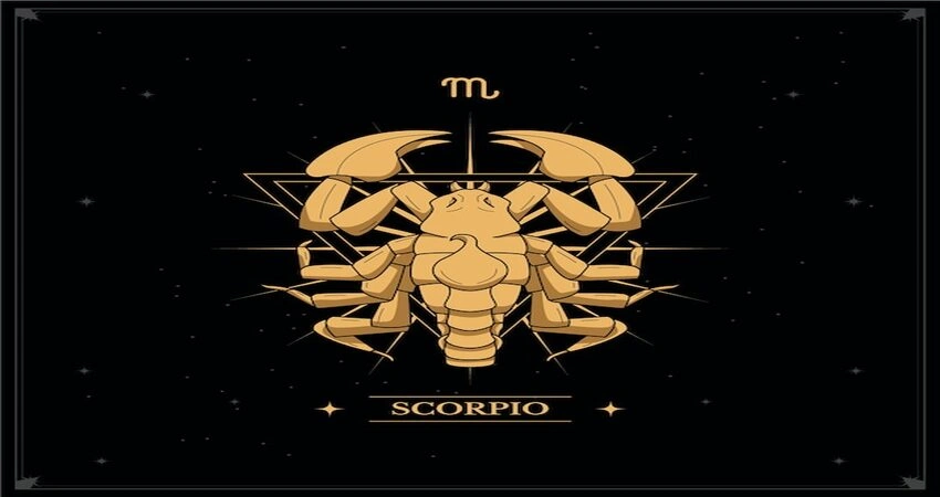 Illustration of the Scorpio zodiac , a scorpion with a stinger, against a dark background.